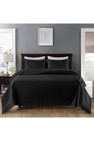 4-teiliges Doppelbett-Bettbezug-Set aus 100 % Seidensatin, 200 x 220 cm, elastisches Laken, schwarze Farbe, Bettbezug-Set 2 - 5