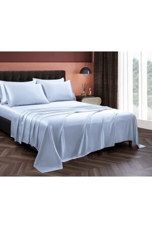 4-teiliges Doppelbett-Bettbezug-Set aus strukturiertem Baumwollsatin mit Seidenstruktur, 200 x 220 cm, elastisches Laken, Blau, snc1 - 4