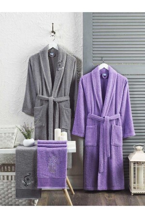 4-teiliges Familien-Bademantel-Set, Damen, Herren, Handtuch-Bademantel-Set, 100 % Grau-Lavendel 00872 - 1