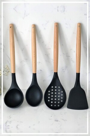 4-teiliges Küchenservice-Set mit Silikon-Bambusgriff, Schwarz (LABEL-SPOON-COOLER-SPATULA) kbr-b29 - 2