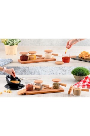 4-teiliges Mica-Saucenschalen-Set mit Holzständer – 4-teiliges Mica-Gewürzset mit Holzdeckel SS639 - 1