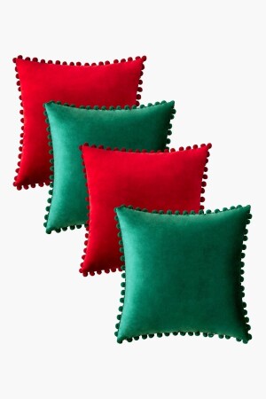 4-teiliges Pom-Pom-Kissenbezug-Set für Silvester, 43 x 43 cm, Rot – Kieferngrün - 2