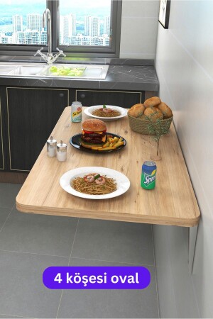 45x72 cm 4 Köşe Oval Çam Ahşap Desenli Duvara Monte Kırma Katlanır Yemek Masası - Kydonia Home