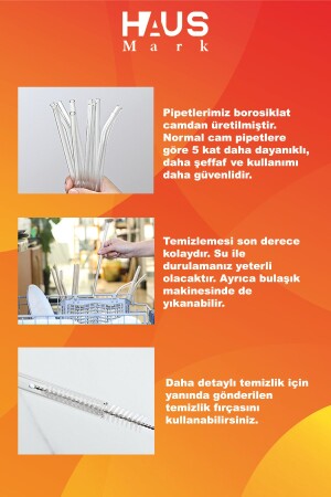 4Adet Cam Pipet 20cm uzunluk- 1Adet Temizleme Fırçası- 1. Kalite termosilikat borosilikat bardak - 5