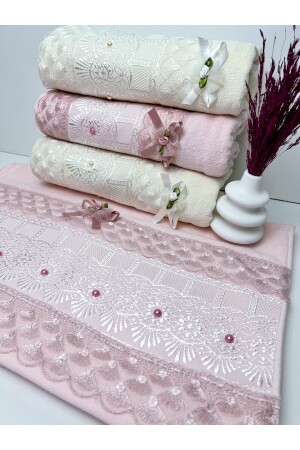 4er-Set Mitgift-Set aus 100 % Baumwolle, Jacquard, Samt, Spitze, Guipure-Schleife, 50 x 90 cm, Hand- und Gesichtstuch JACQUARD*4*GPRLU* - 3