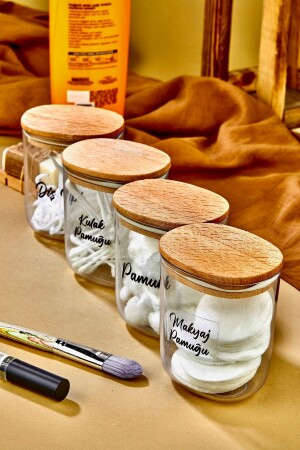 4'lü Ahsap Kapaklı Kulak Pamuğu&pamuk&makyaj Pamuğu&diş Ipi Saklama Kutusu-organizeri 400 Ml - Fbzhome