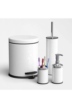 4'lü Banyo Seti Beyaz Pedallı 5lt Çöp Kovası,tuvalet Fırçası,sabunluk,diş Fırçalık ÇKS112244 - 2