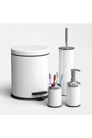 4'lü Banyo Seti Beyaz Pedallı 5lt Çöp Kovası,tuvalet Fırçası,sabunluk,diş Fırçalık ÇKS112244 - 1
