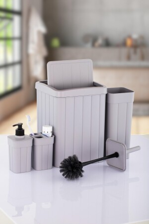 4'lü Banyo Seti Çöp Kovası Tuvalet Fırçası Sabunluk Diş Fırçalık 4 Parça Okach-YeniSet001 - 1