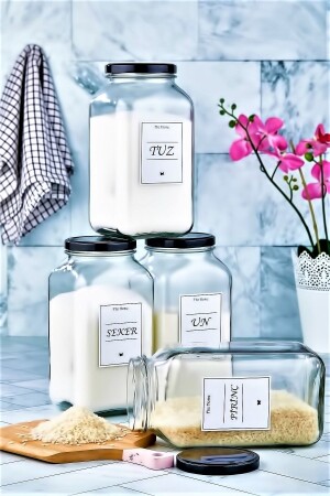 4-teiliger dekorativer Küchenorganisator, Salz-, Zucker-, Mehl- und Reisglas, Lebensmittelaufbewahrung aus Glas (3000 cm³) FBZ-4L-3000CC - FBZhome