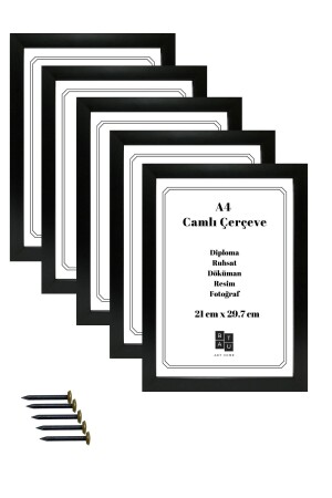 5 Adet A4 Çerçeve Gerçek Camlı Belge Diploma Resim Fotoğraf Asılabilir Siyah Renk 21x29.7 Cm - 1