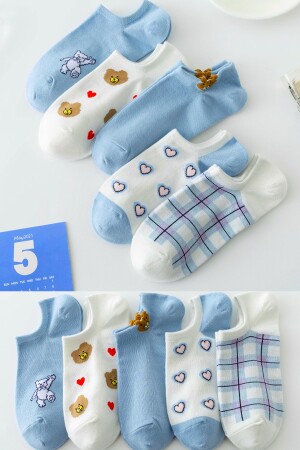 5 Çift Kadın Mavi Kalp Desenli Kısa Çorap - 1