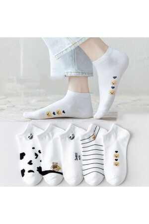 5 Çift Panda / Inek Desenli Beyaz Desenli Kadın Patik Çorap - 1