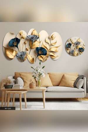 الزهور الزرقاء والذهبية المتنوعة مع الفروع 5 قطع MDF ساعة طاولة مجموعة - Evinemoda