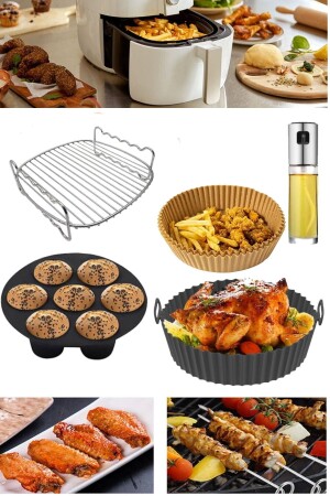 5 Parça Airfryer Xxl 22 Cm Izgara Silikon Kabı Muffin Kalıbı Sprey Yağdanlık 50 Adet Yanmaz Kağıt 5 li Airfryer Fritöz Set - 1