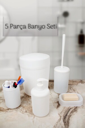 5 Parça Beyaz Plastik Çizgili Banyo Aksesuar Seti Siyah Banyo Seti Aç-27585827 - 8