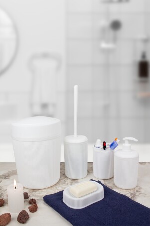 5 Parça Beyaz Plastik Çizgili Banyo Seti Siyah Banyo Aksesuar Seti Aç-285827 - 4