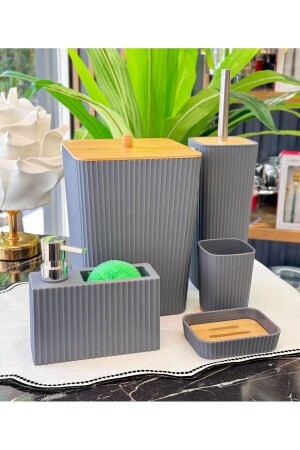 5 Parça Lenox Akrilik Bambu Banyo Seti Gri - Onedekor