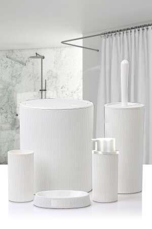 5 Parça Lüx Banyo Seti - Dekoratif Yuvarlak Pratik Kapak Çöp Kovası Diş Fırçalık Sabunluk Fırça Seti - 1