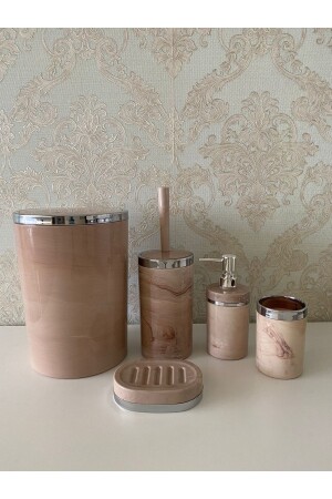 5-teiliges Badezimmer-Set mit Marmormuster in Silber / WC-Bürstenhalter, Seifenschale, Mülleimer, Zahnbürstenhalter AcrlkGmş - Trend Banyo Mutfak