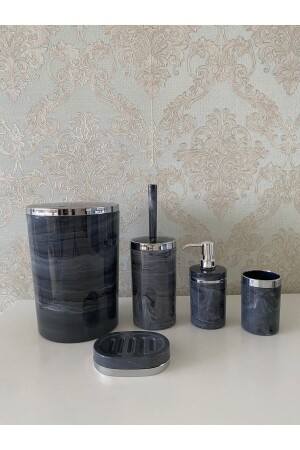 5-teiliges Badezimmer-Set mit Marmormuster in Silber/WC-Bürstenhalter – Flüssigseifenspender – Mülleimer – Zahnbürstenhalter - Trend Banyo Mutfak
