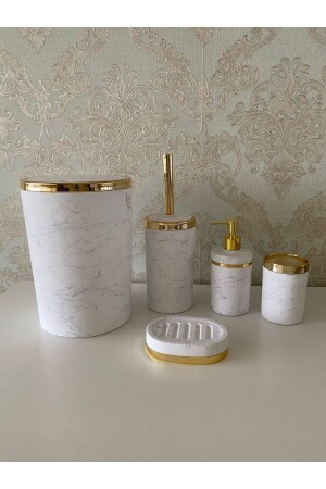 5-teiliges Badezimmer-Set mit Marmormuster, WC-Bürstenhalter, Seifenschale, Mülleimer, Zahnbürstenhalter mattgold - Trend Banyo Mutfak