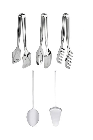 5 Parça Paslanmaz Çelik Servis Sunum Seti Kaşık Spatula Makarna Salata Pasta Maşası Yemek Hazırlık LGY-00203 - 3