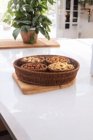 5 Parça Rattan Hasır Örmeli Yuvarlak Sunum Tabağı - Tepsili Çerezlik Set - Vadi