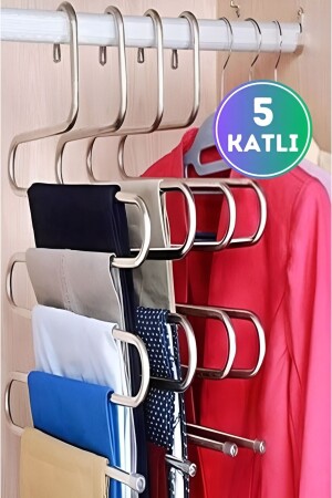ملصق من 5 طبقات من المعدن داخل خزانة الملابس Smart Chrome Hanger Pants Hanger 5 طبقات منظمة النموذج - Keyfi Sepet