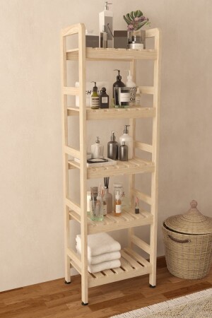 5-stufiger Badezimmerschrank aus Naturholz, Badezimmerregal, 144 x 45 x 30 cm - 2