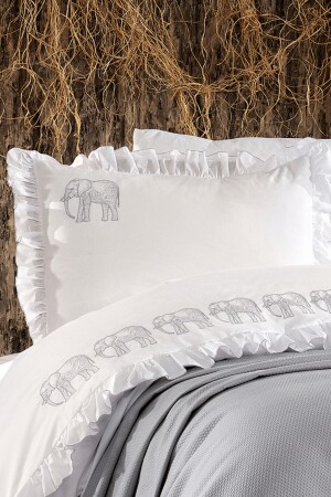 5-teiliges Amazon-Bettbezug-Set aus Baumwolle, Piqué, Elefantenmuster und Rüschen, Einzelbettbezug in Grau STCKHMNEV2AMZ - 2