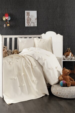 5-teiliges Baby-Bettbezug-Set aus 100 % Baumwolle mit 3D-Schmetterlingsmuster, Creme STCKHMBEB1KLB - 2