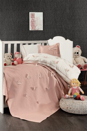 5-teiliges Baby-Bettbezug-Set aus 100 % Baumwolle mit 3D-Schmetterlingsmuster, Rosa - 1