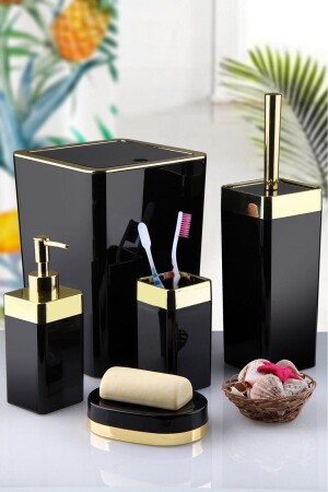 5-teiliges Badezimmer-Set aus Acryl, Gold Line, quadratisches Badezimmer-Set, Schwarz, gpp27 - 1