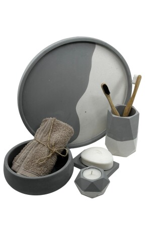 5-teiliges Badezimmer-WC-Set aus Beton, Präsentationstablett, Zahnbürstenhalter, Handtuchhalter, Kerzenhalter, solide Seifenschale BM-167 - 5