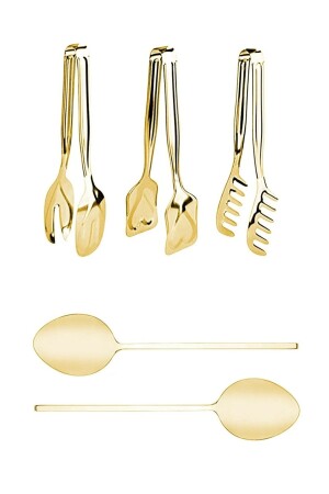 5-teiliges Luxus-Servierlöffel-Set mit vergoldeter Titan-beschichteter Kuchen-, Nudel- und Salatzange, vergoldetes Zangen-Set hom-00gold - 2