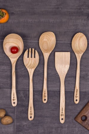 م.ن.ز. - صنع يدوي 5 قطع خشبية، ملعقة مطبخ خشبية مجموعة اللعد، الشوك، ملعقة الأرز، شطيرة، ملعقة TY - Öz ahsap
