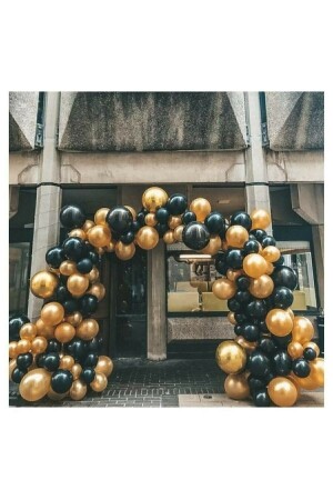 50 Adet 12 Inç Parti Balonu Metalik Gold - Pastel Siyah - 5 Mt Balon Zinciri - 2