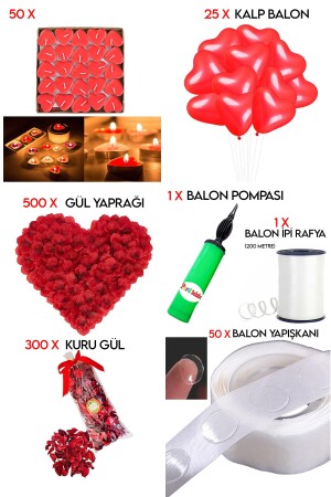 50 Herzkerzen, 25 Herzballons, 500 Rosenblätter, 300 getrocknete Rosen, 1 Ballonpumpe, Heiratsantragspaket-Set tye1301210134 - 1
