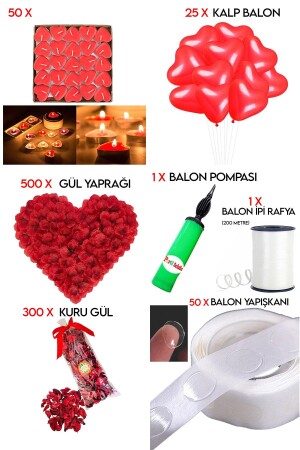 50 Kalp Mum- 25 Kalp Balon- 500 Gül Yaprağı- 300 Kuru Gül- 1 Balon Pompası Evlilik Teklifi Paket Set - 2