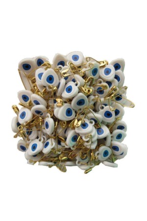 50 Stück Evil Eye Perlen weiß mit gelben Sicherheitsnadeln (1 cm * 1-5 cm) - 2