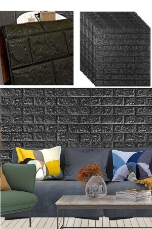 50x30 Cm 0-17 M² Kendinden Yapışkanlı Esnek Köpük Duvar Kağıdı Paneli 3d Boyutlu Tuğla Desen Siyah - 4