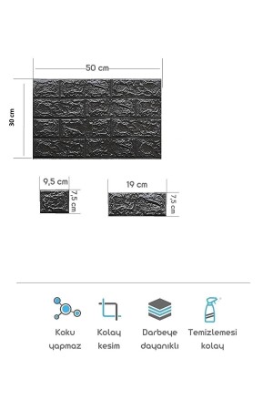 50x30 Cm 0-17 M² Kendinden Yapışkanlı Esnek Köpük Duvar Kağıdı Paneli 3d Boyutlu Tuğla Desen Siyah - 5