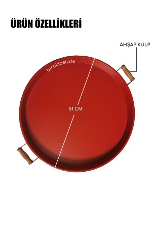 51 Cm Ahşap Kulplu Metal Yuvarlak Kırmızı Tepsi Sunum Tepsi, Kahvaltı Tepsisi metalbeyaztepsi51 - 7