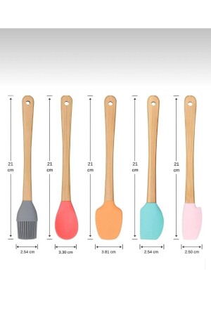 5'li Renkli Bambu Saplı Silikon Uçlu Spatula Fırçalı Kaşık Seti - 7