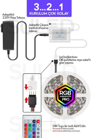 5MT X 2'li Set RGB Duvar Tavan Şerit Led Işık Ambiyans & Sabit 16 Renk Kumandalı Yapışkanlı 10 Metre - 3