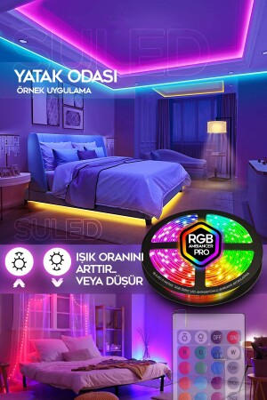 5MT X 2'li Set RGB Duvar Tavan Şerit Led Işık Ambiyans & Sabit 16 Renk Kumandalı Yapışkanlı 10 Metre - 6