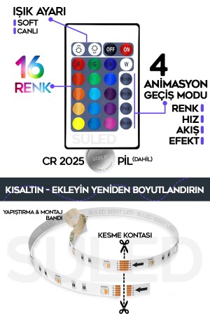 5MT X 2'li Set RGB Duvar Tavan Şerit Led Işık Ambiyans & Sabit 16 Renk Kumandalı Yapışkanlı 10 Metre - 7