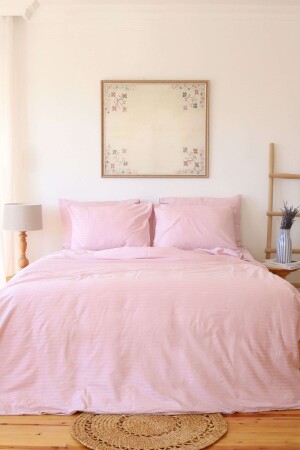 5yıldızlı Lüx Otel Tipi Battal Çizgili Pamuk Saten Nevresim Takımı 180x200 Lastik Çarşaf Pudra Pembe - Tekstil Home