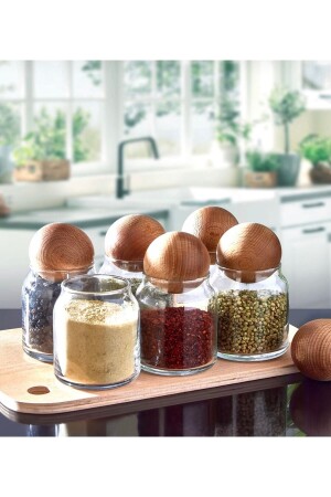 جرة من الـ 6 قطع مع غطاء كرة من البامبو و مجموعة العطور حاوية تخزين العشاء 01 - Demirhan Home